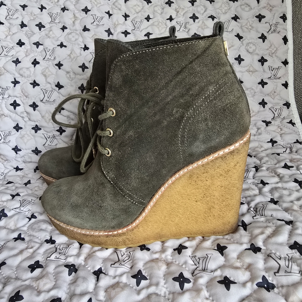 Tory Burch Olive Suede Wedge Ankle Boots - Picture 8 of 13